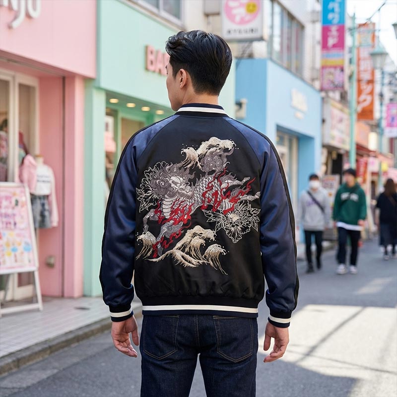 Man wearing a blue souvenir jacket with Japanese Kigin design in harajuku street