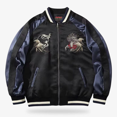 Blue sukajan bomber jacket adorned with detailed Japanese-inspired designs, offering a stylish and modern take on traditional sukajan fashion.