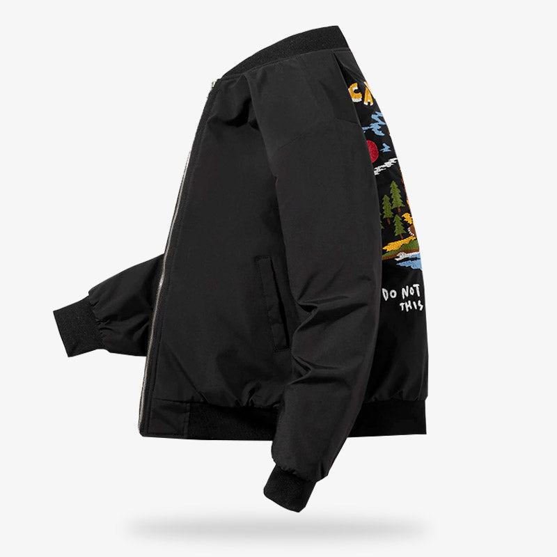 This black Japanese jacket is a sukajan bomber jacket with long sleeves.