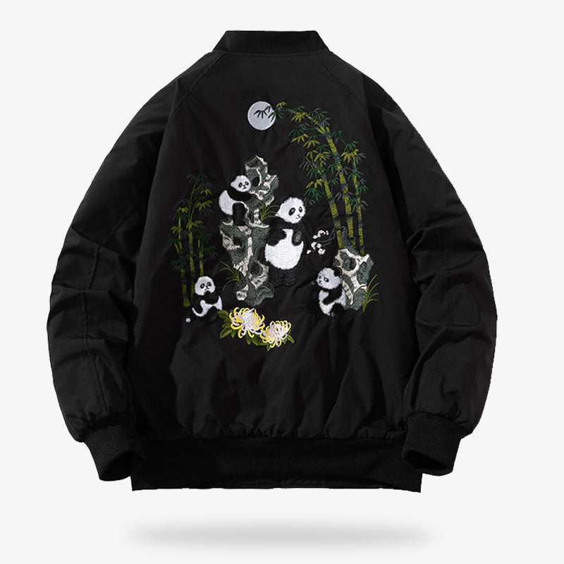 A black Japanese coat is a sukajan bomber with a panda motif with panda pattern embroidered