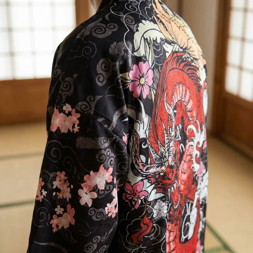 Close-up of the back embroidery of a dragon kimono