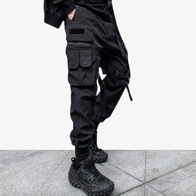 A black cargo pants techwear for men with a full black streetwear outfits