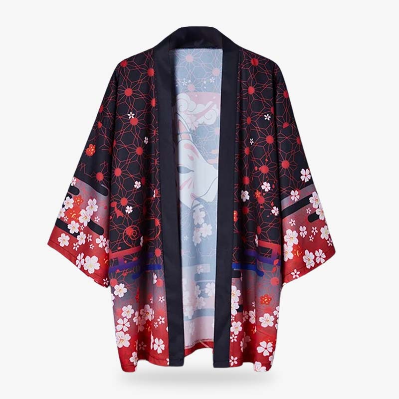 The cherry blossom kimono jacket is a stylish black garment printed with sakura flowers, a Japanese Kitsune mask