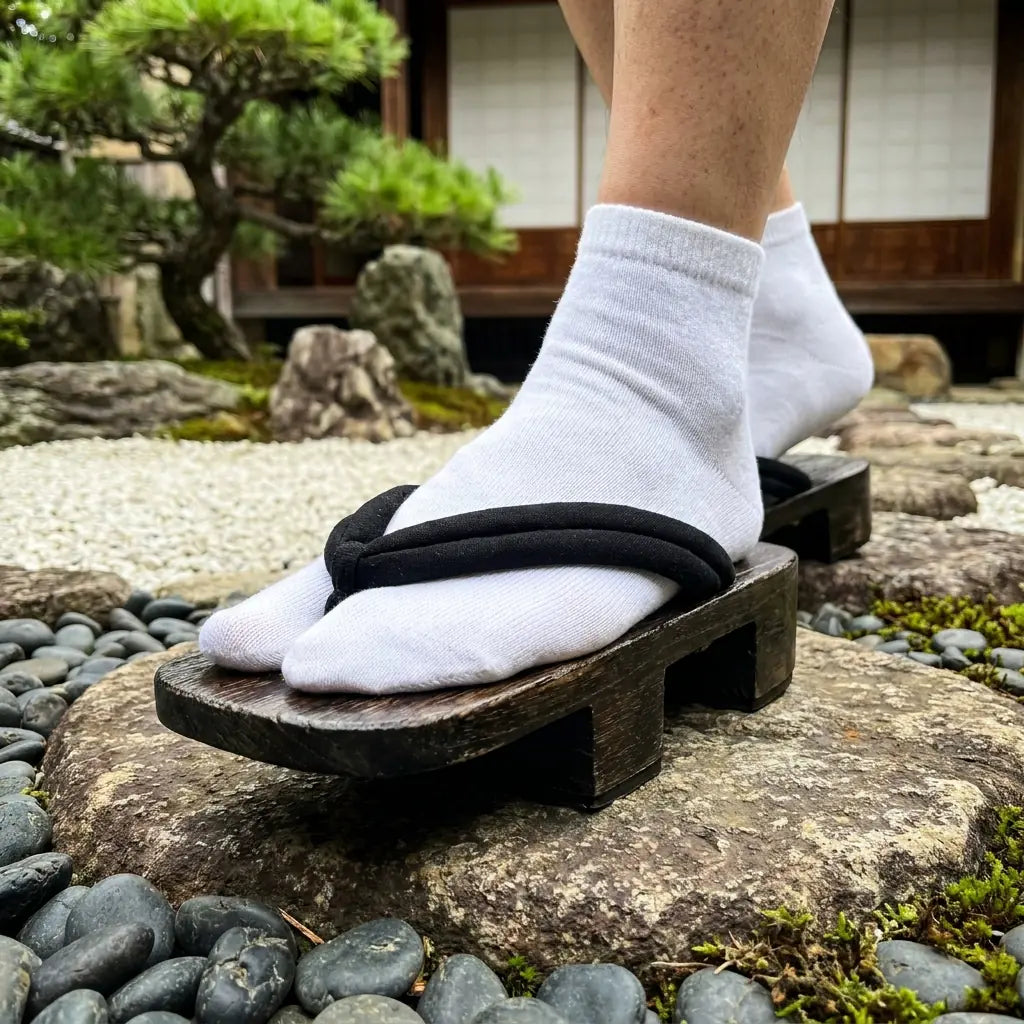 Close-up of thick corded hanao strap on geta Japanese woman sandals
