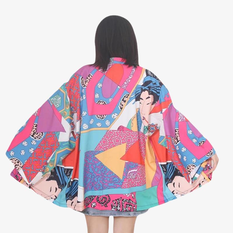 a women is dressed with a colorful kimono, featuring vibrant geisha pattern drawing from ukiyo-art