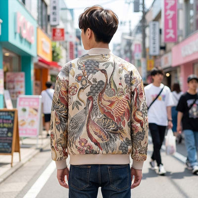 Person wearing a colofrul sukajan jacket with a bird pattern on a Japanese street in an urban setting.