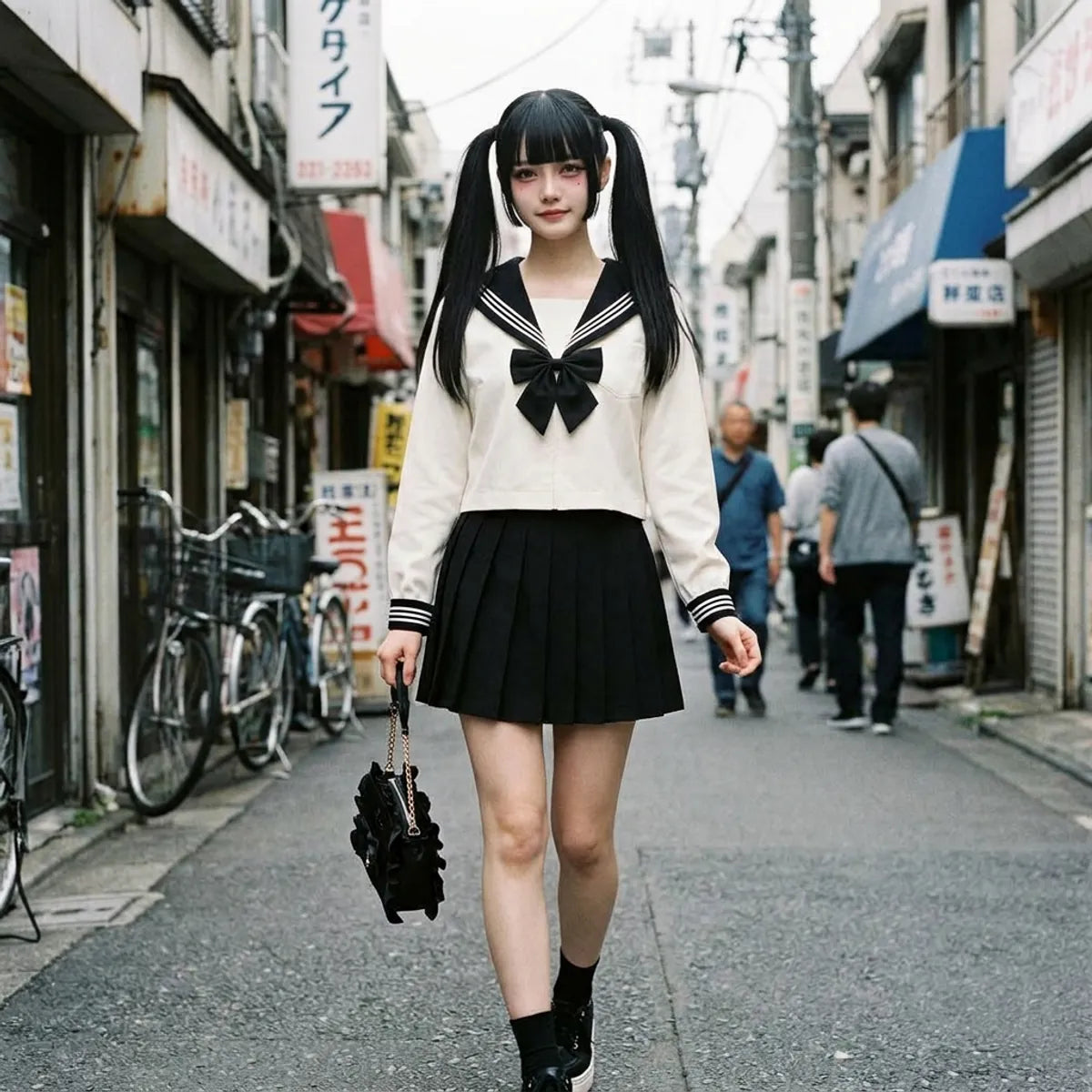 Ivory-white sailor blouse with navy-blue collar and black bow ribbon worn with a black pleated skirt
