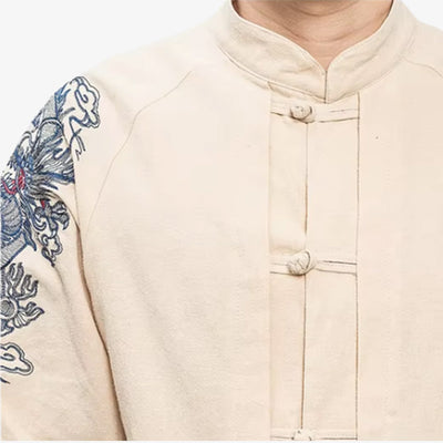 a man dressed with cotton traditional japanese shirt with dragon embroidered