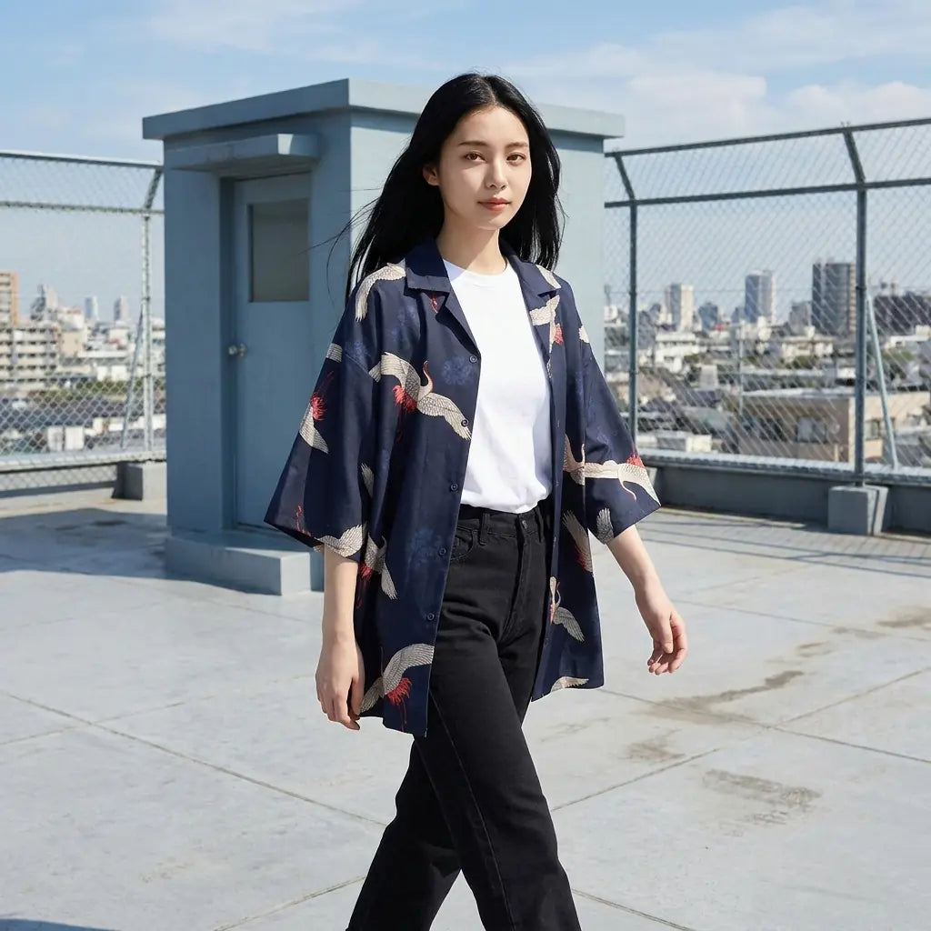 The crane print kimono shirt worn on a rooftop, showing the short wide sleeves.