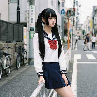 White cropped sailor top with navy collar and red bow tie at the neckline