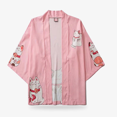 Explore our collection of cute kawaii jackets, featuring adorable designs and playful patterns that add a fun touch to any outfit. The kimono jacket is pink with Japanese cat maneki neko