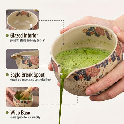a cute Ceramic matcha bowl with floral design being filled with green liquid, highlighting features like glazed interior and eagle break spout.