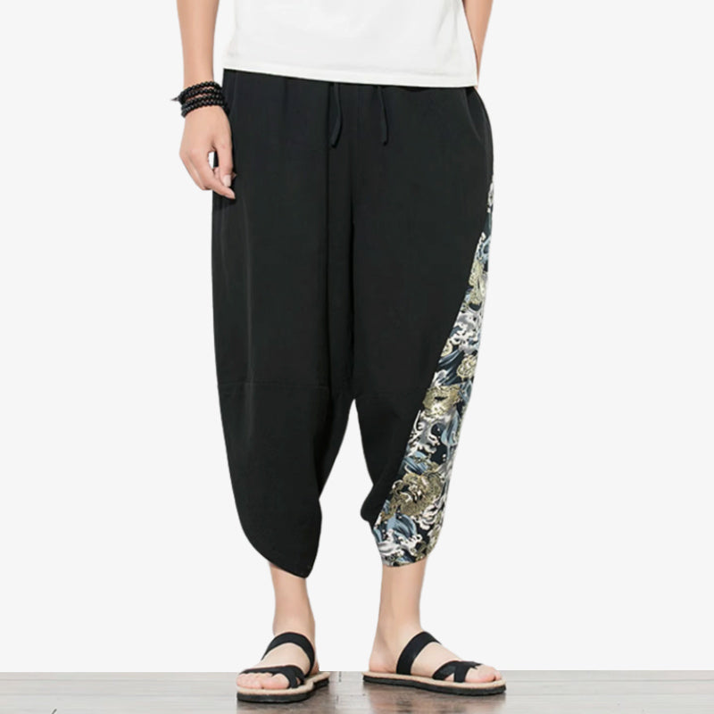 This black japanese cropped pant is a Dance harem sweatpants with relaxed fit and breathable fabrics, reflecting Japanese-inspired movement wear and japanese wave design printed on cotton