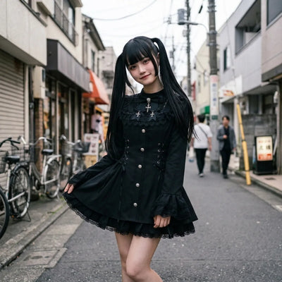 Dark lolita dress in a Harajuku backstreet, corset lacing and black lace collar in daylight