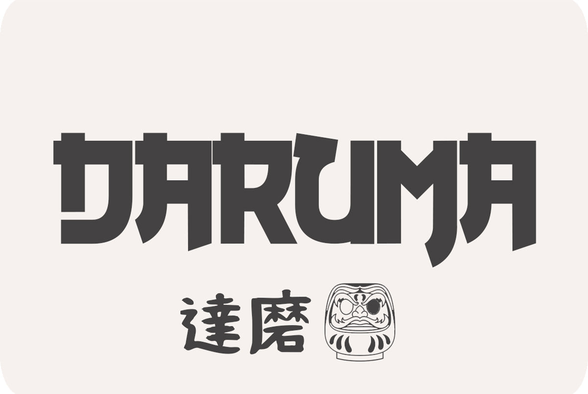 Daruma products in a japanese line drawing style. A japanese kanji meaning Daruma