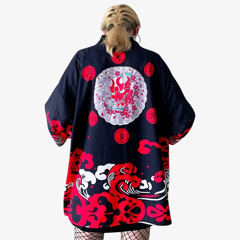The demon kimono features intricate designs inspired by Japanese mythology, perfect for those who appreciate unique and daring fashion. The women kimono is black with red demon and whiote japanese waves