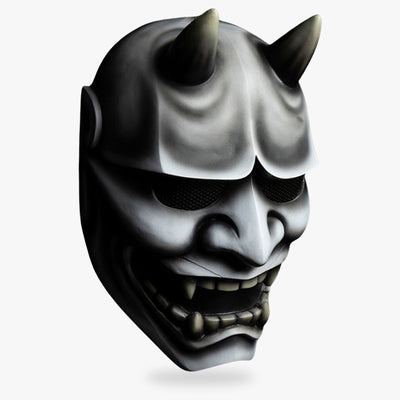 The demon mask japanese is a oni japanese mask for cosplay costume, or home decor. The oni mask has horns and fangs. Its 'a white samurai mask