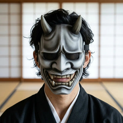 Hannya Oni mask facing forward, showing its grey-to-charcoal ombre shading, curved horns and bared fangs.