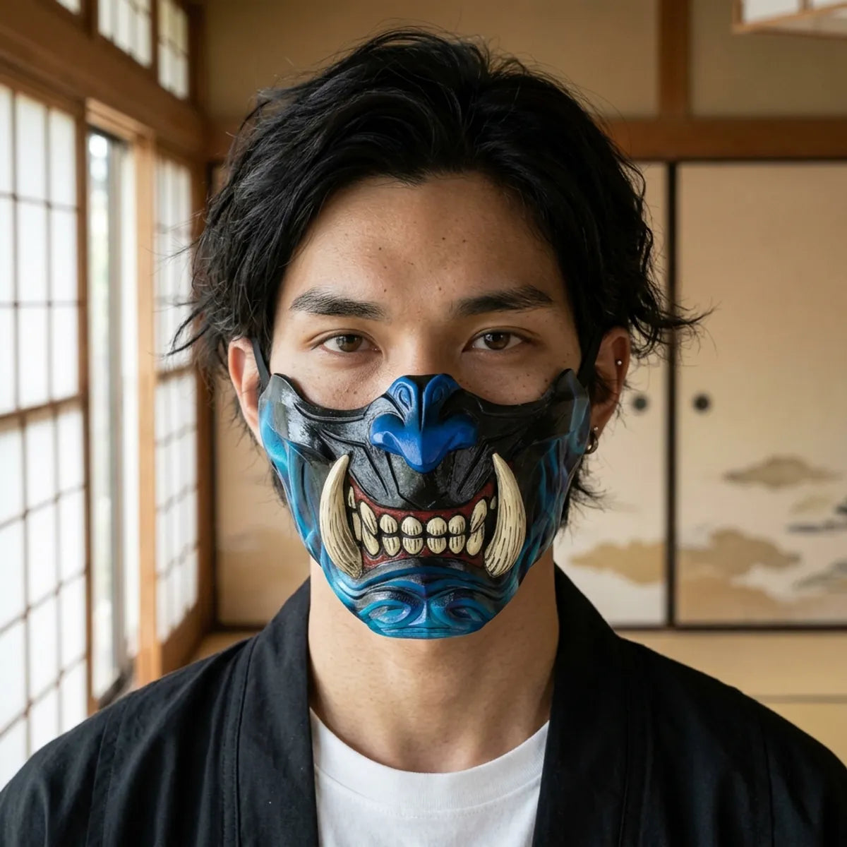 Demon mask: close-up of the half mask worn in a Japanese tatami room, the painted details under calm dark eyes