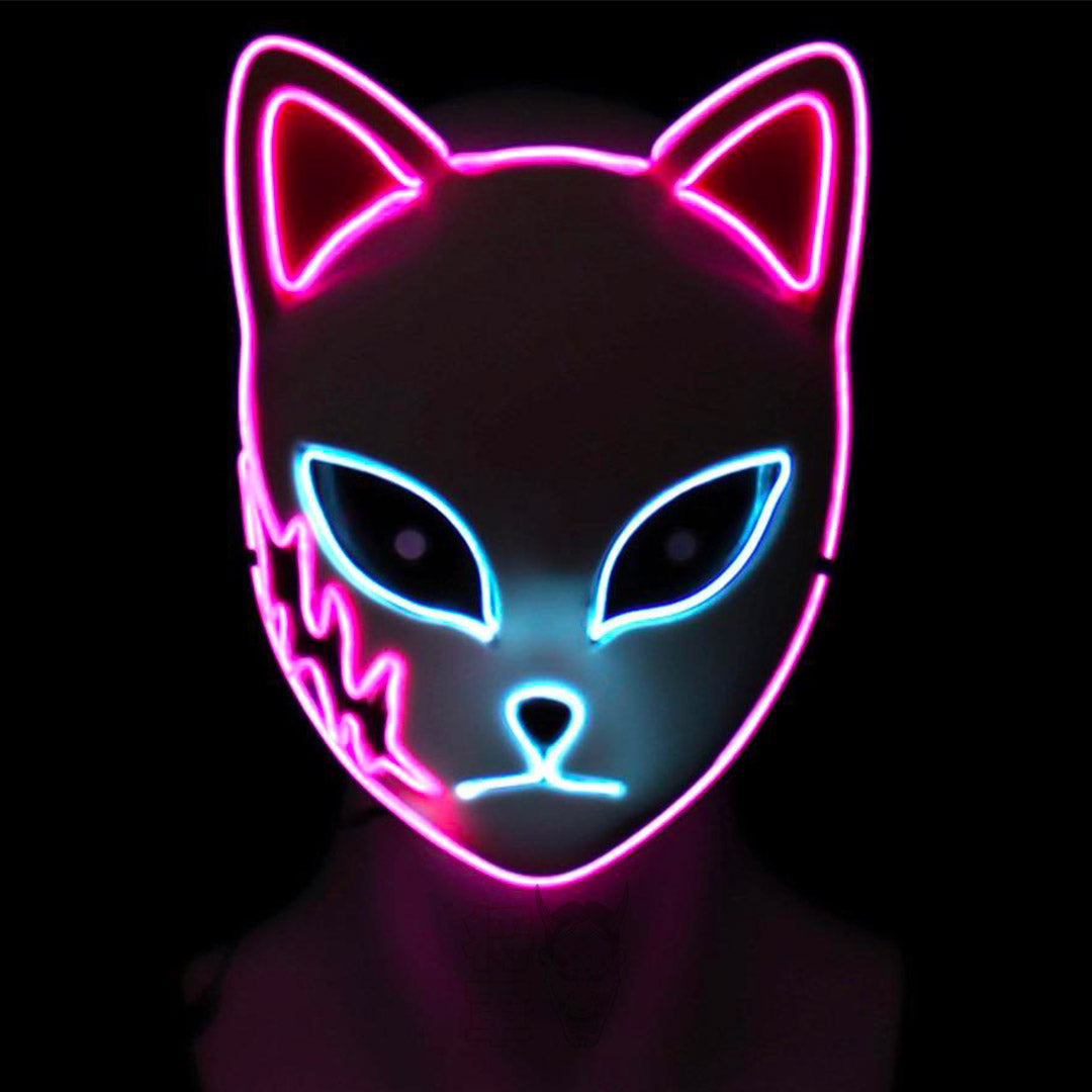 The kitsune demon slayer face mask glows with blue led in dark