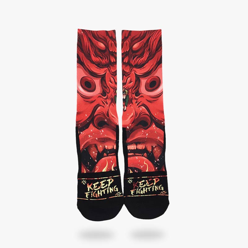 The Japanese demon sock is printed with a red Japanese Oni demon face.