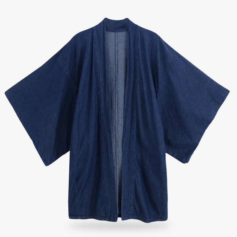 This blue jean Denim kimono jacket featuring traditional cuts with modern denim texture, blending heritage and streetwear from japan