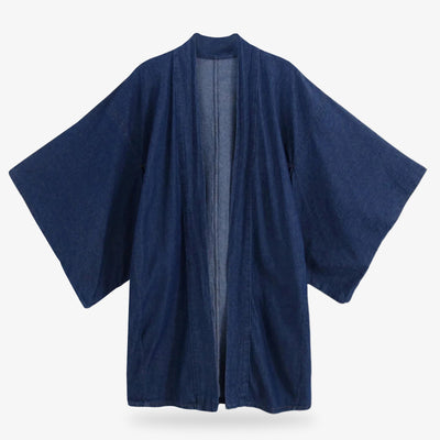 This blue jean Denim kimono jacket featuring traditional cuts with modern denim texture, blending heritage and streetwear from japan