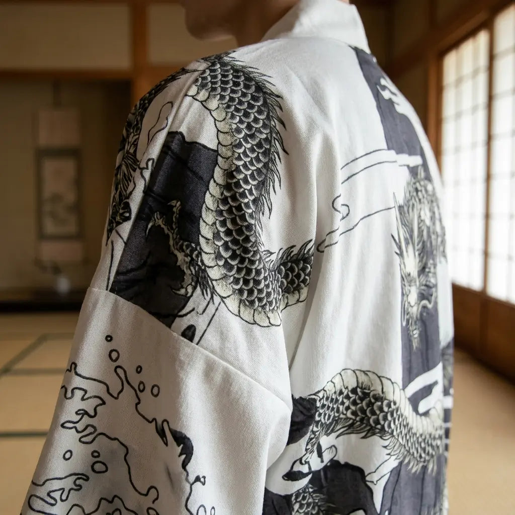 Close-up of the back embroidery of a kimono dragon