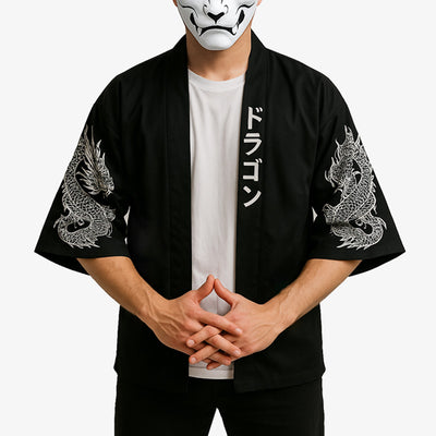 Dragon haori coat featuring majestic dragon motifs, blending Japanese mythology with modern layering fashion