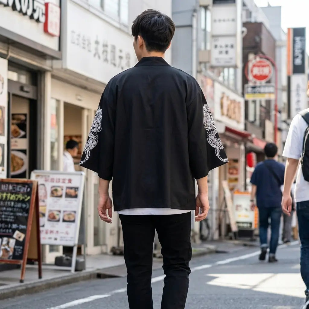 Back view of a dragon haori worn in a Harajuku street, showing the full print