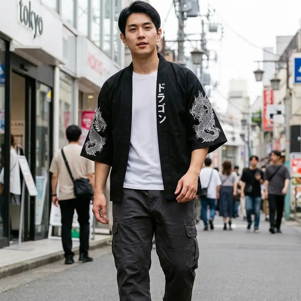 Man wearing a dragon haori in a Harajuku street in Tokyo, front view