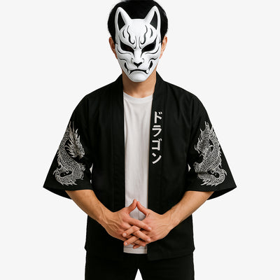 a man is dressed with a Dragon haori with prints of a Japanese dragon, symbolizing power and spiritual energy. The man hides his face with a white kitsune mask