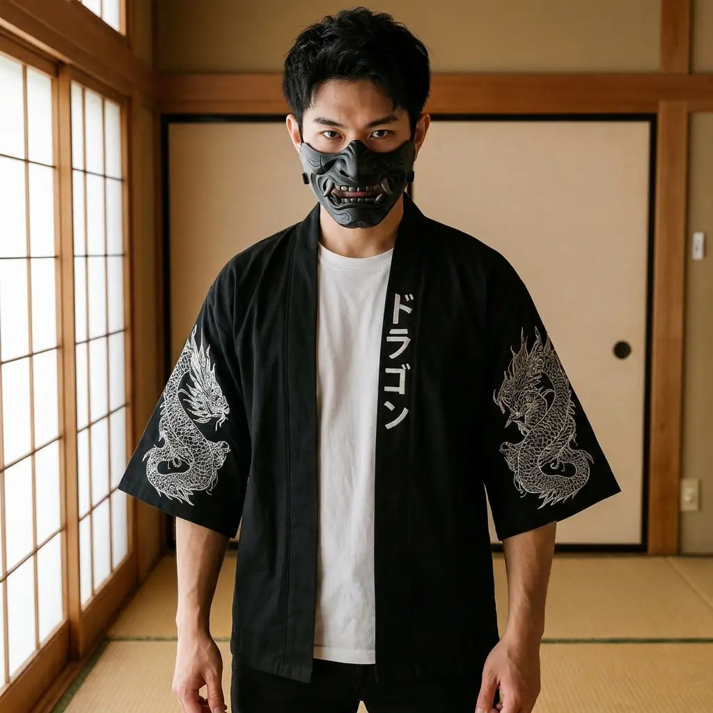 Man wearing a dragon haori in a Japanese washitsu room with shoji screens, waist-up front view