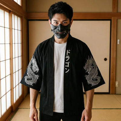 Man wearing a dragon haori in a Japanese washitsu room with shoji screens, waist-up front view