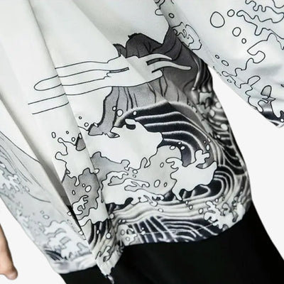 Dragon kimono cardigan fusing lightweight knit comfort with bold dragon motifs for a unique fusion of East-meets-West.

