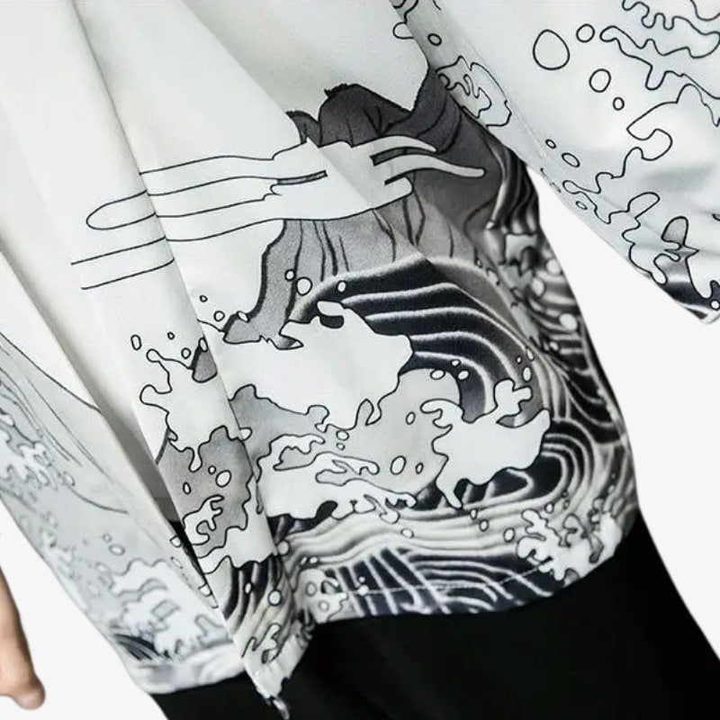 Dragon kimono cardigan fusing lightweight knit comfort with bold dragon motifs for a unique fusion of East-meets-West.

