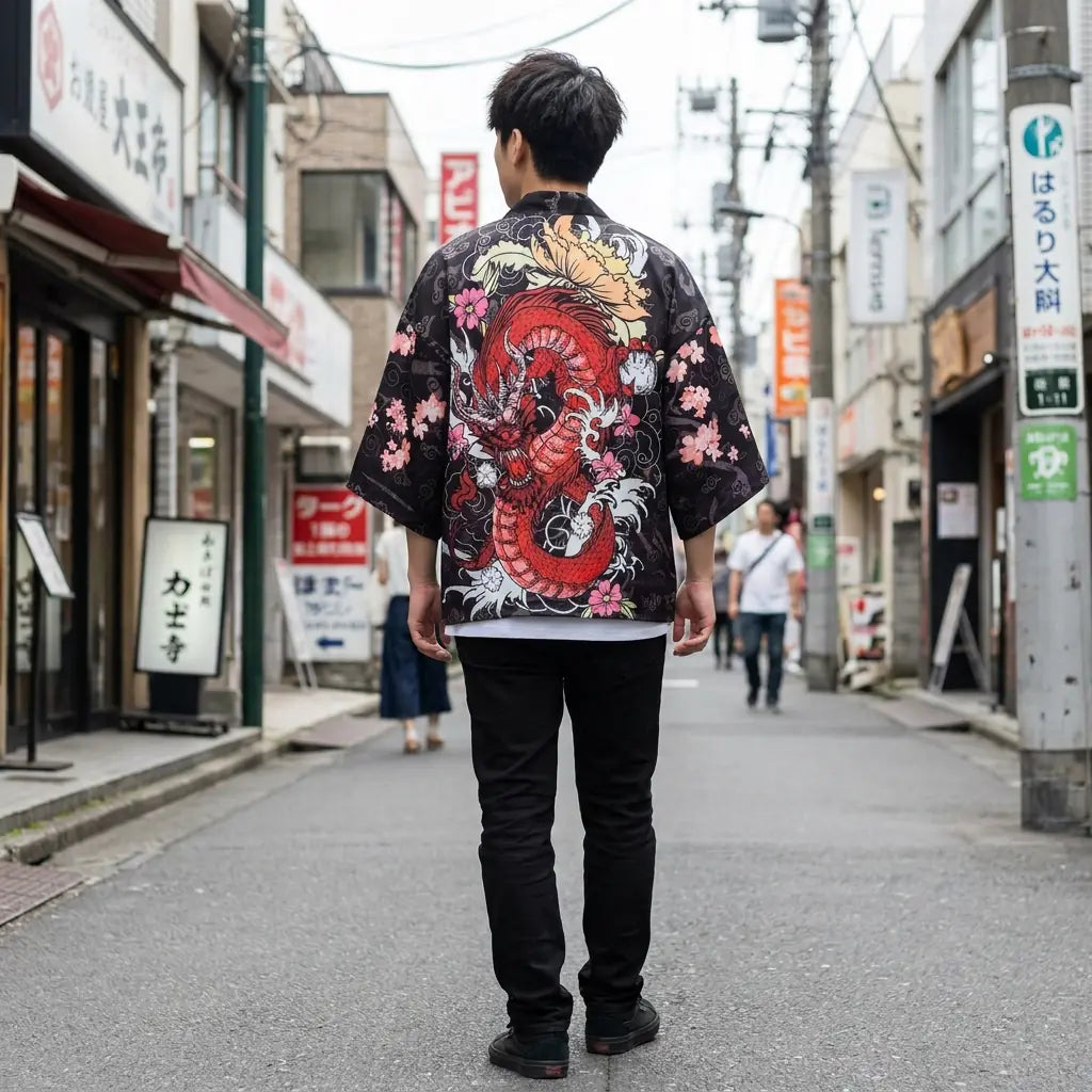 Back view of a dragon kimono worn in a Harajuku street, showing the full print