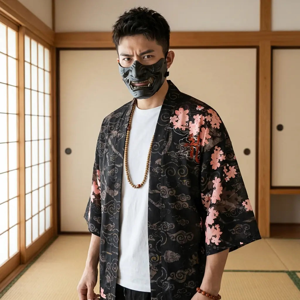 Man wearing a dragon kimono in a Japanese washitsu room with shoji screens, waist-up front view