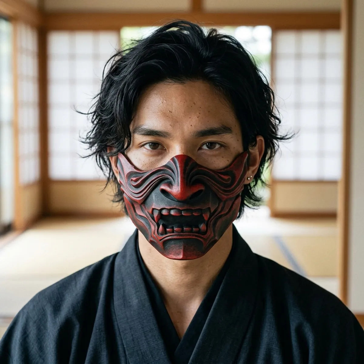 Red and black oni demon half-mask with curved horns and gritted teeth, worn over the nose, mouth and chin.