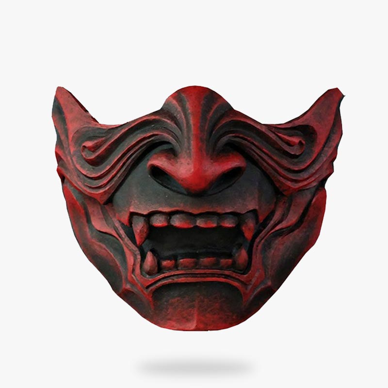 This dragon samurai mask is a Japanese Oni demon mask in the shape of a dragon. Hand-made mask with red colors painting