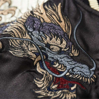 The dragon sukajan pattern showcases the iconic Japanese dragon, symbolizing wisdom and strength embroidered on the japanese bomber jacket