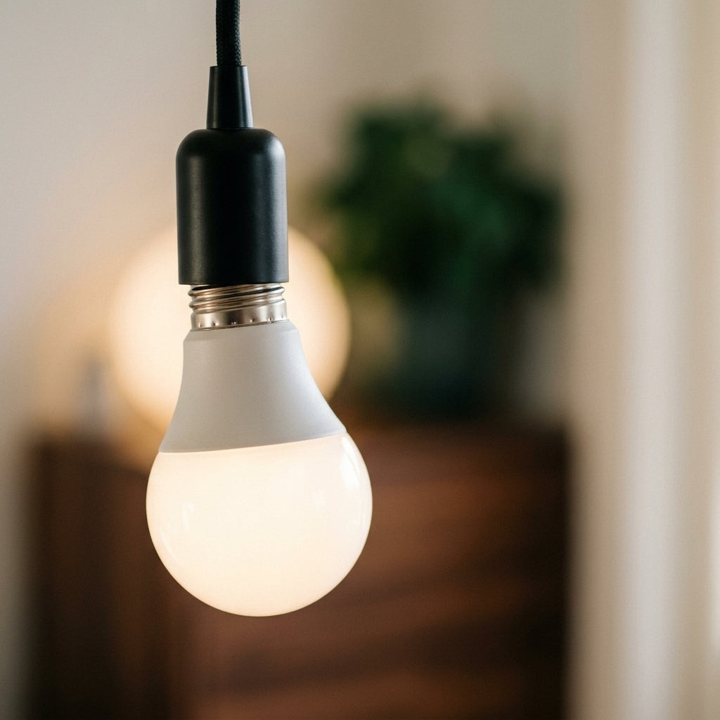 E27 LED bulb glowing in a black pendant above a walnut table in a modern room
