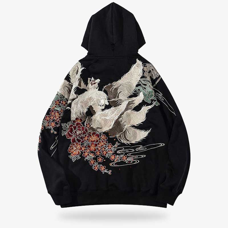 This is a black color Embroidered Japanese hoodies with intricate designs and high-quality material, perfect for a fashionable and cultural statement.