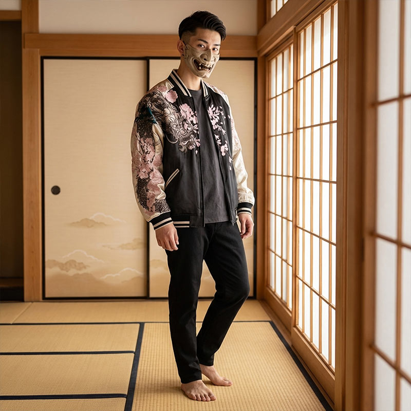 Man wearing a floral and embroidered dragon souvenir jacket with a black pants standing in a traditional Japanese room with sliding doors.
