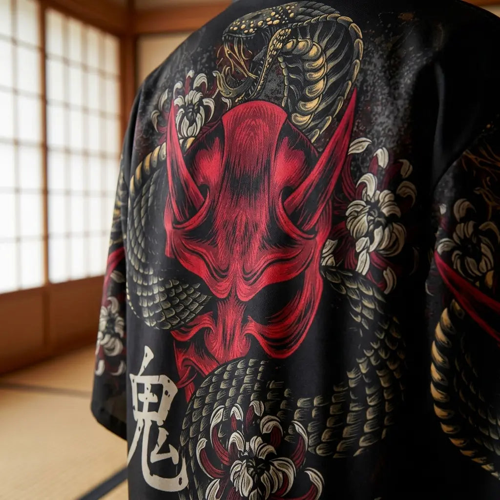 Close-up of the back embroidery of a yokai kimono