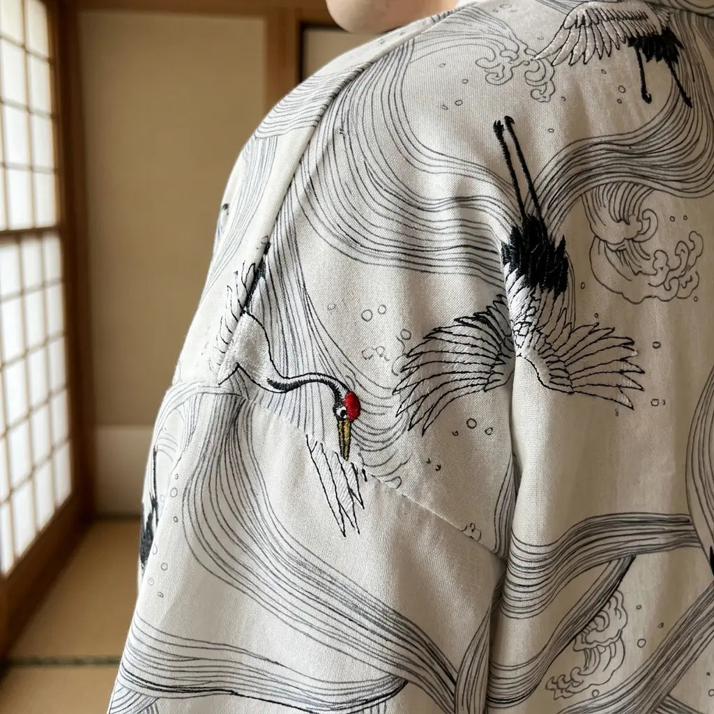 Close-up of the back embroidery of a white haori