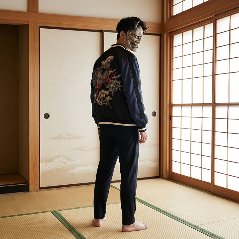Person wearing a Japanese traditional mask and embroidered jacket Sukajan in a Japanese-style room with tatami mats and sliding doors.