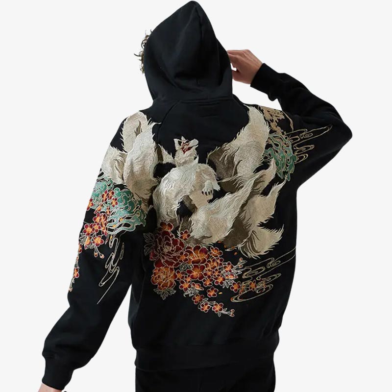 A man is dressed with Embroidered Japanese hoodie featuring traditional Japanese designs, crafted from premium fabric for a stylish and authentic look