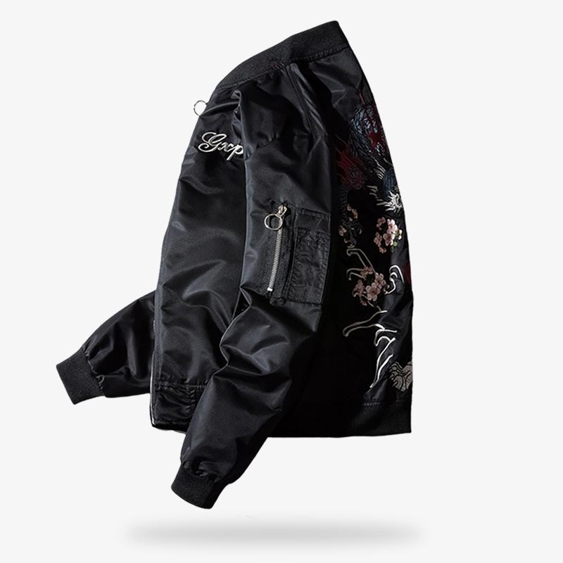 This Japanese Harajuku bomber is a embroidered japanese sukajan jacket. Black material with zip