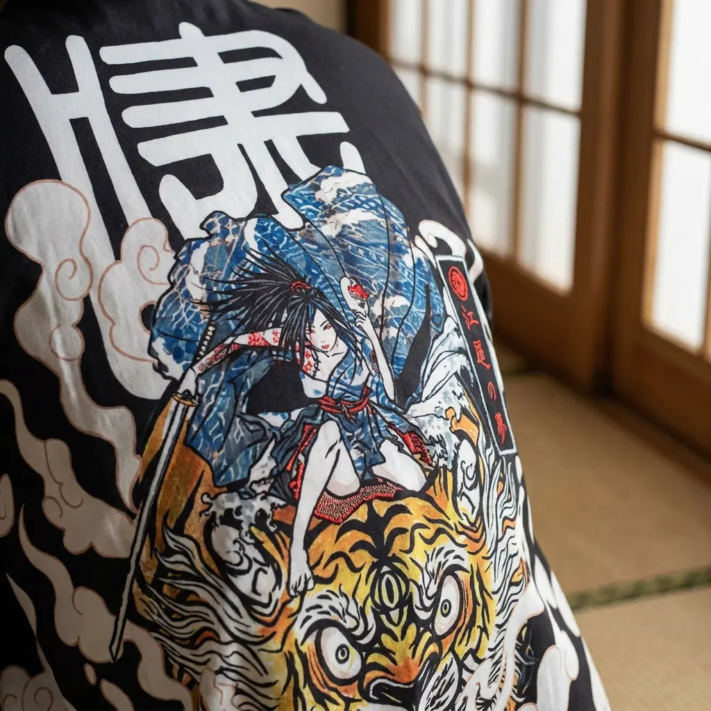 Close-up of the back embroidery of a manga kimono